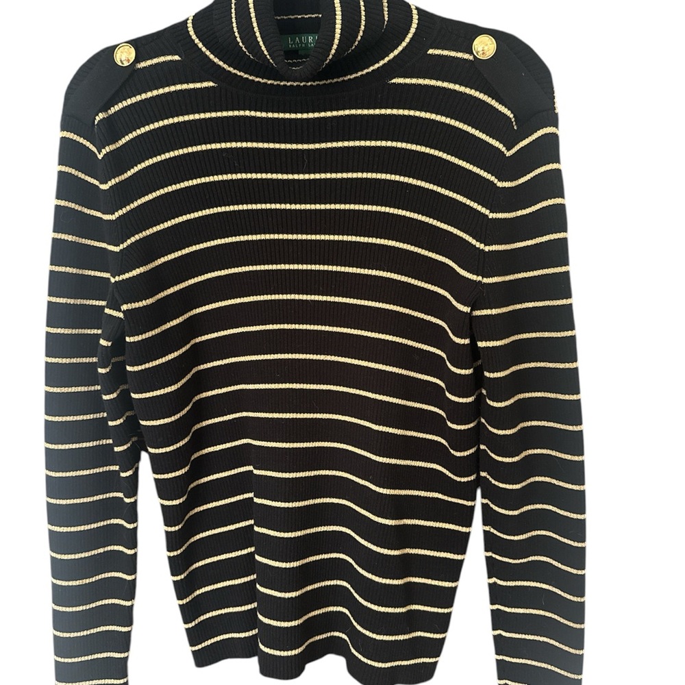 Ralph Lauren Black and Gold Striped Turtleneck Sweater with Shoulder Buttons